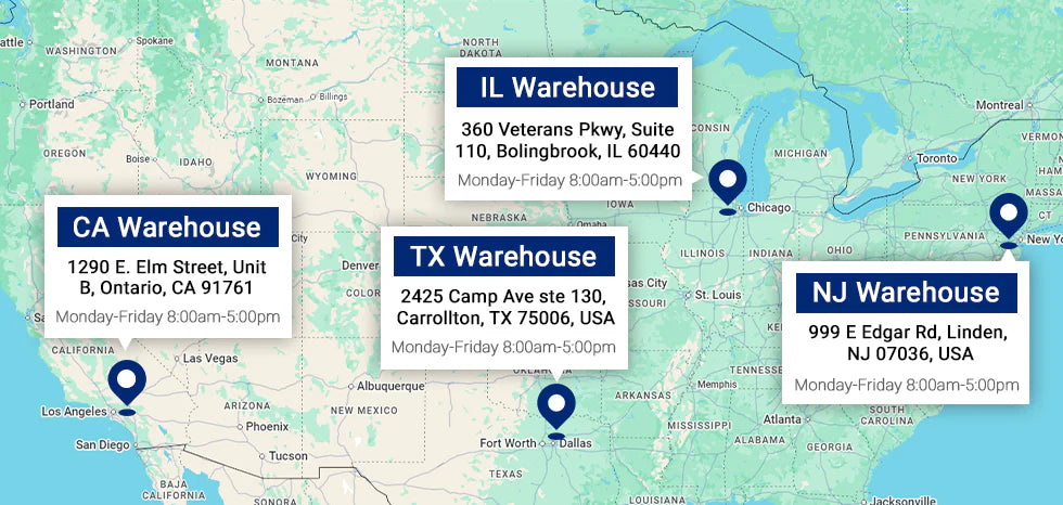 MechMaxx warehouse locations: California, Illinois, Texas, and New Jersey